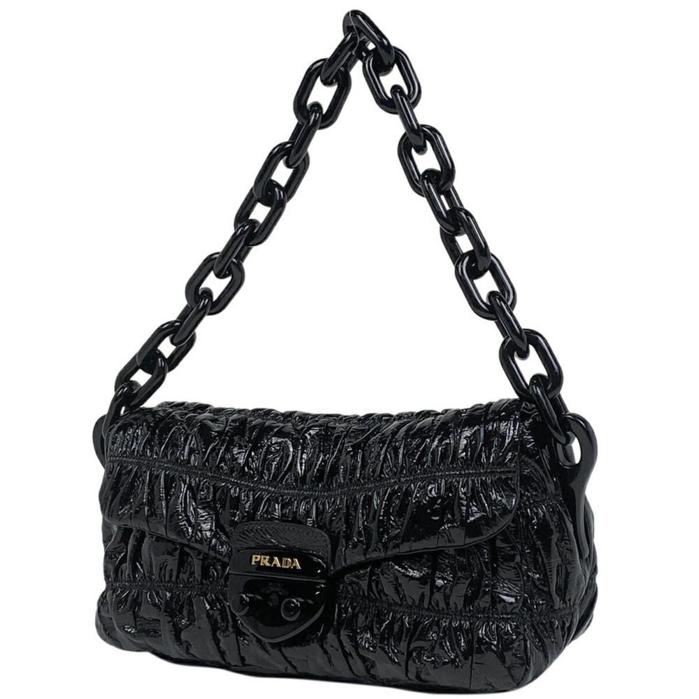 Prada Logo Chain Shoulder Bag Enamel Patent Vernis Leather Nero Black